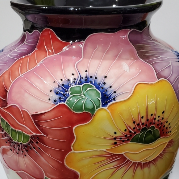 11 3/4" Bold Cloisonné Styl Asian Poppies Dramic Black + Floral Ceramic Art Vase - Picture 12 of 15